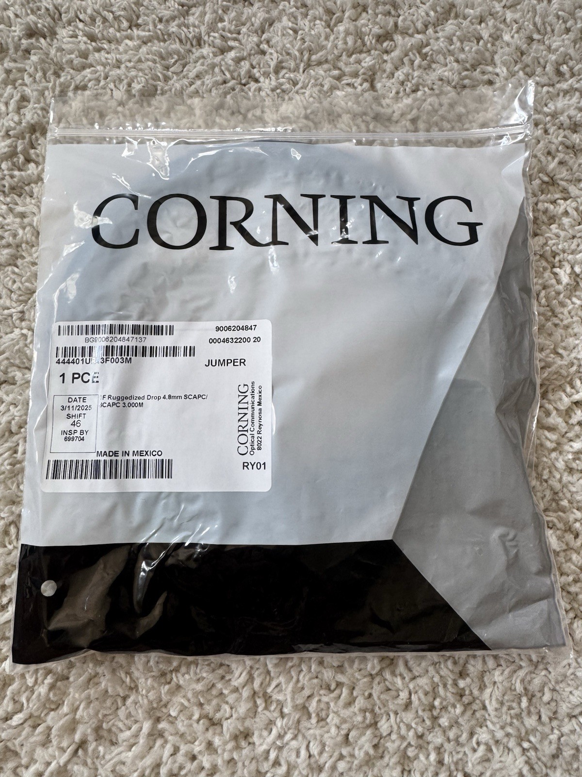 Corning Fiber Optic Jumper 3m Ruggedized Drop 4.8mm SC/APC to SC/APC - New
