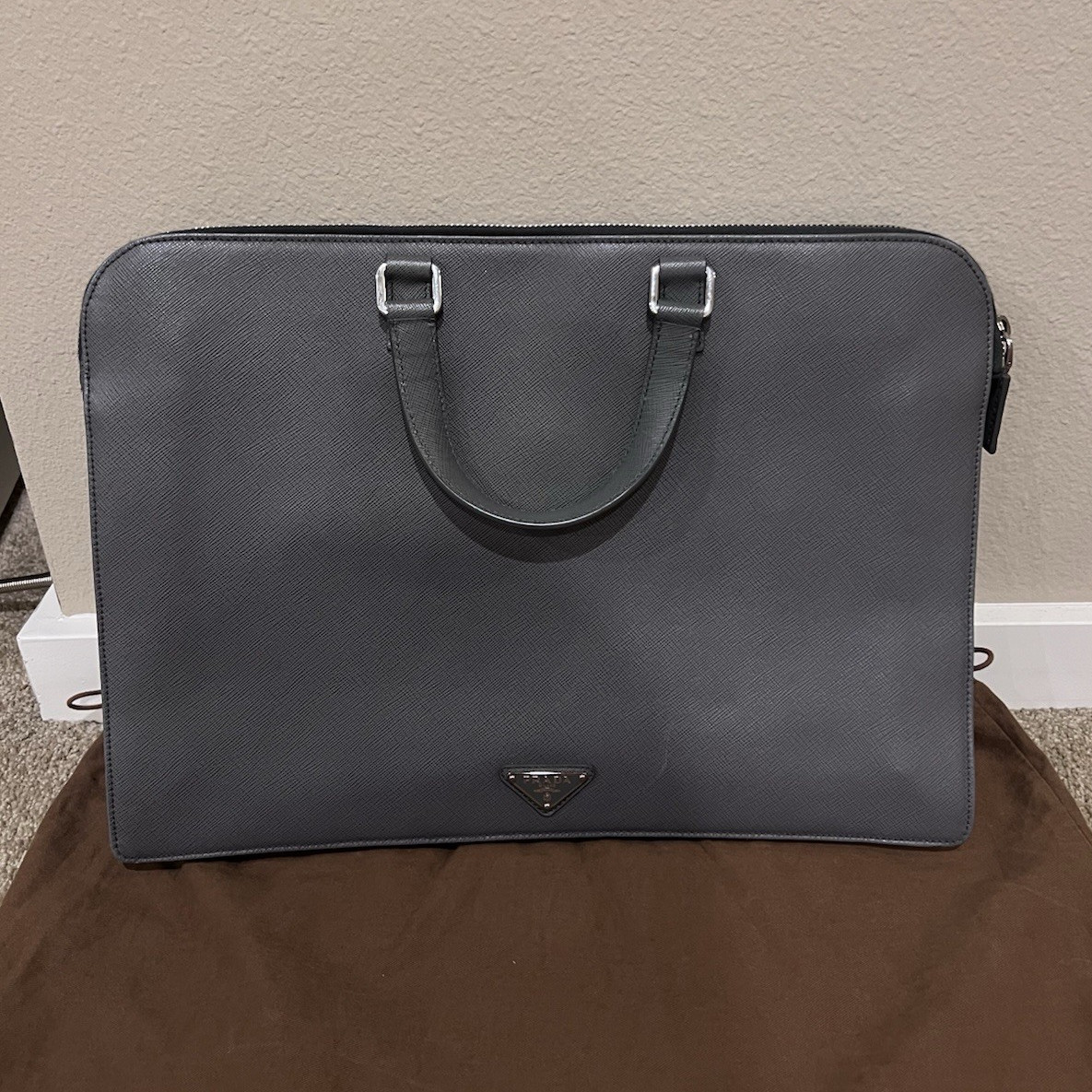 PRADA Gray Solid Leather Briefcase Laptop Case with Zipper Closure Universal