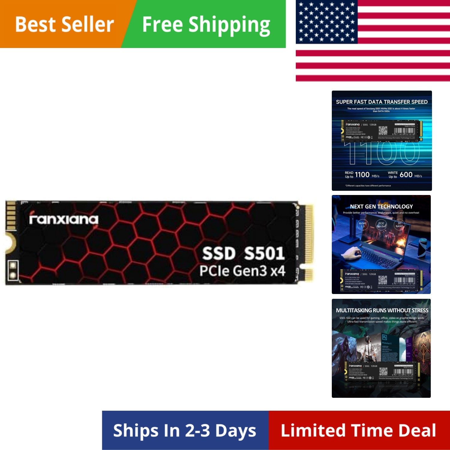 S501 128GB NVMe SSD 3D NAND1.3 PCIe Gen3x4 M.2 2280 Internal Solid State Driv...