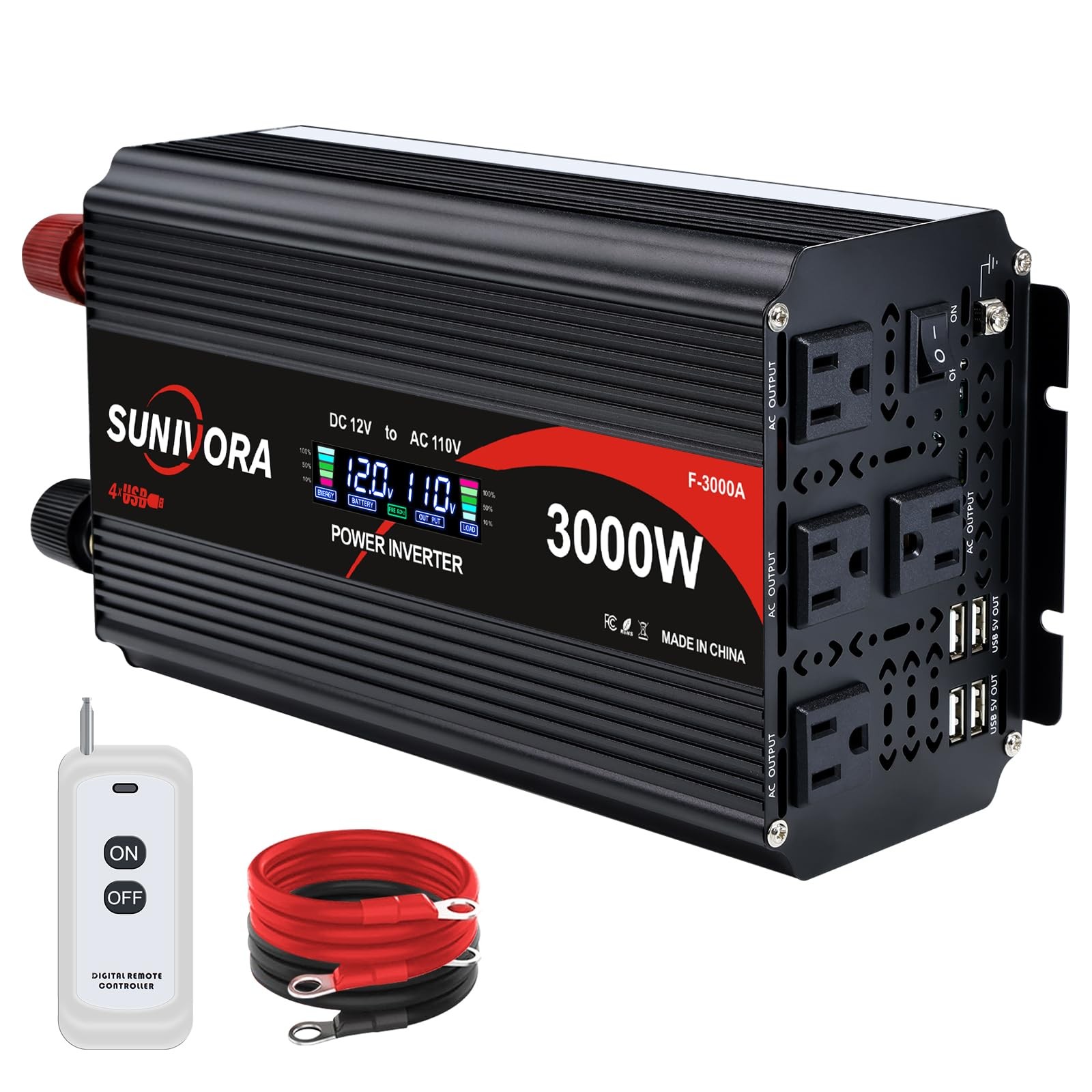 3000W Power Inverter 12V DC to 110V/120V AC Converter 6000W Peak Remote Contr...