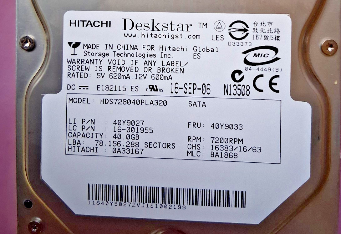 40GB Sata Hitachi Deskstar Hard Drive HDS728040PLA320 40Y9033 Low Hours 6254