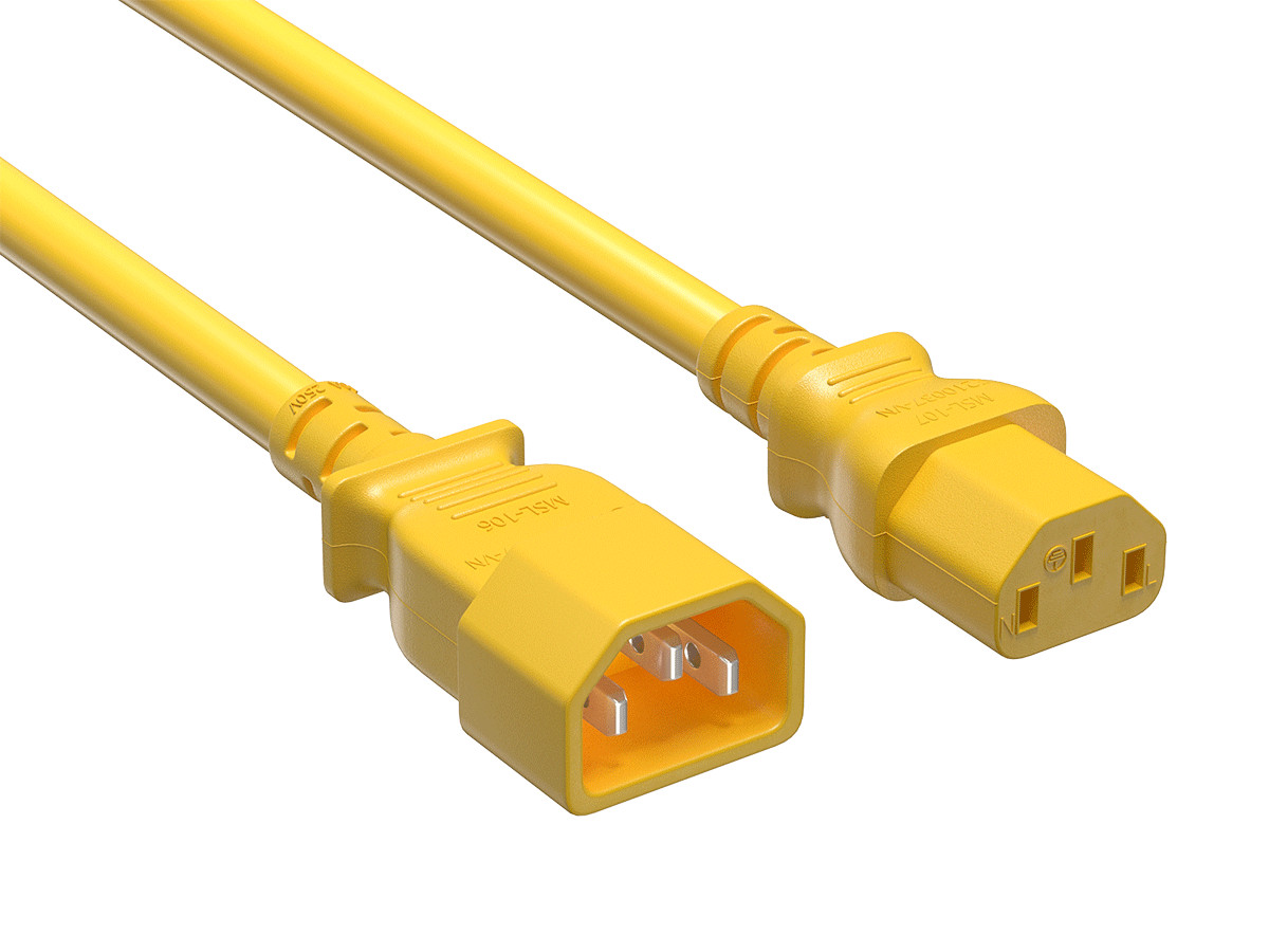 3ft IEC C14 to IEC C13 Heavy Duty PDU Power Cord, 14 AWG SJT, 15A/250V, Yellow