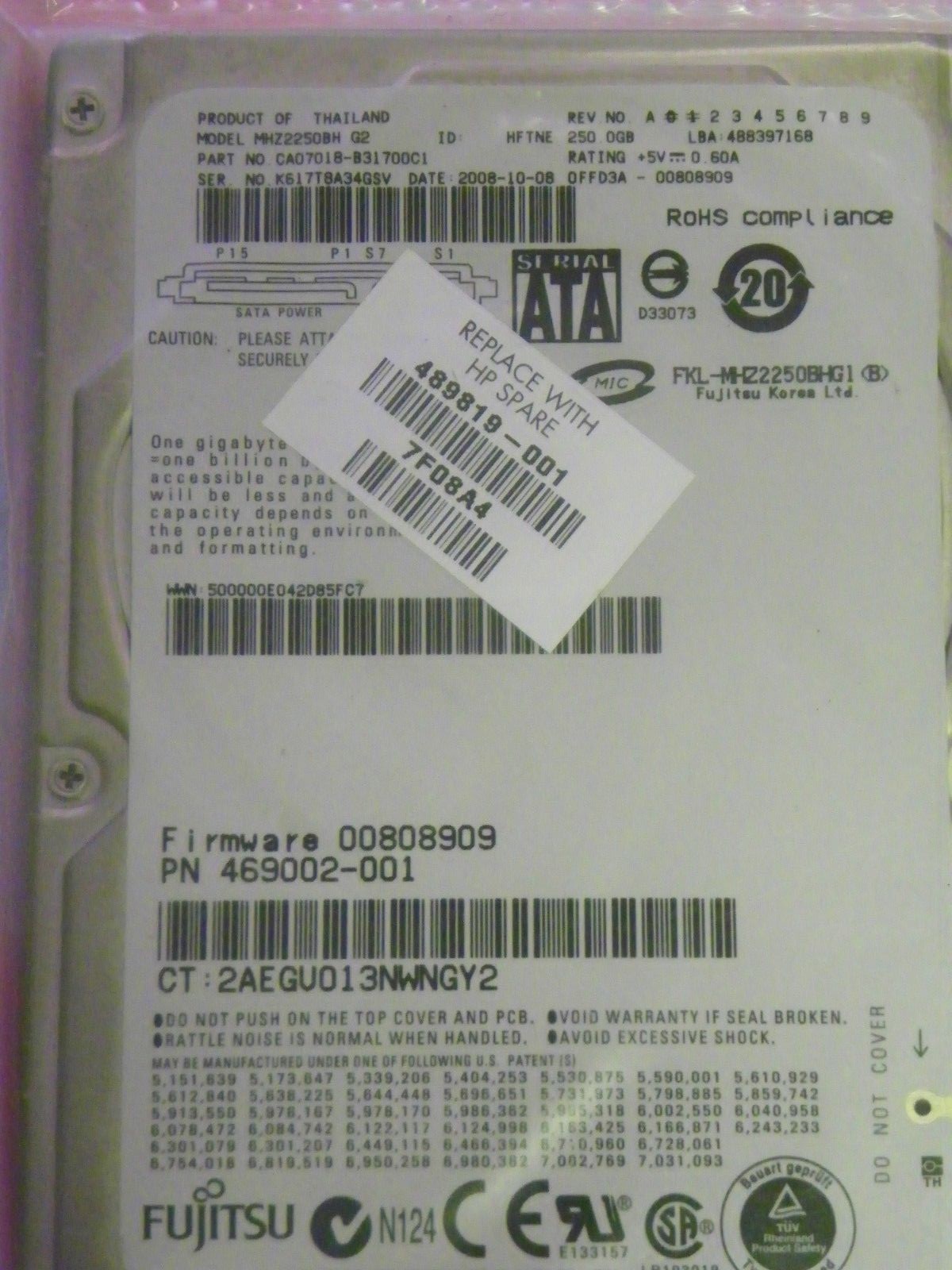 Fujitsu MHZ2250BH P/N CA07018-B31700C1 FW: 00808909 Laptop 2.5" 250GB SATA HDD