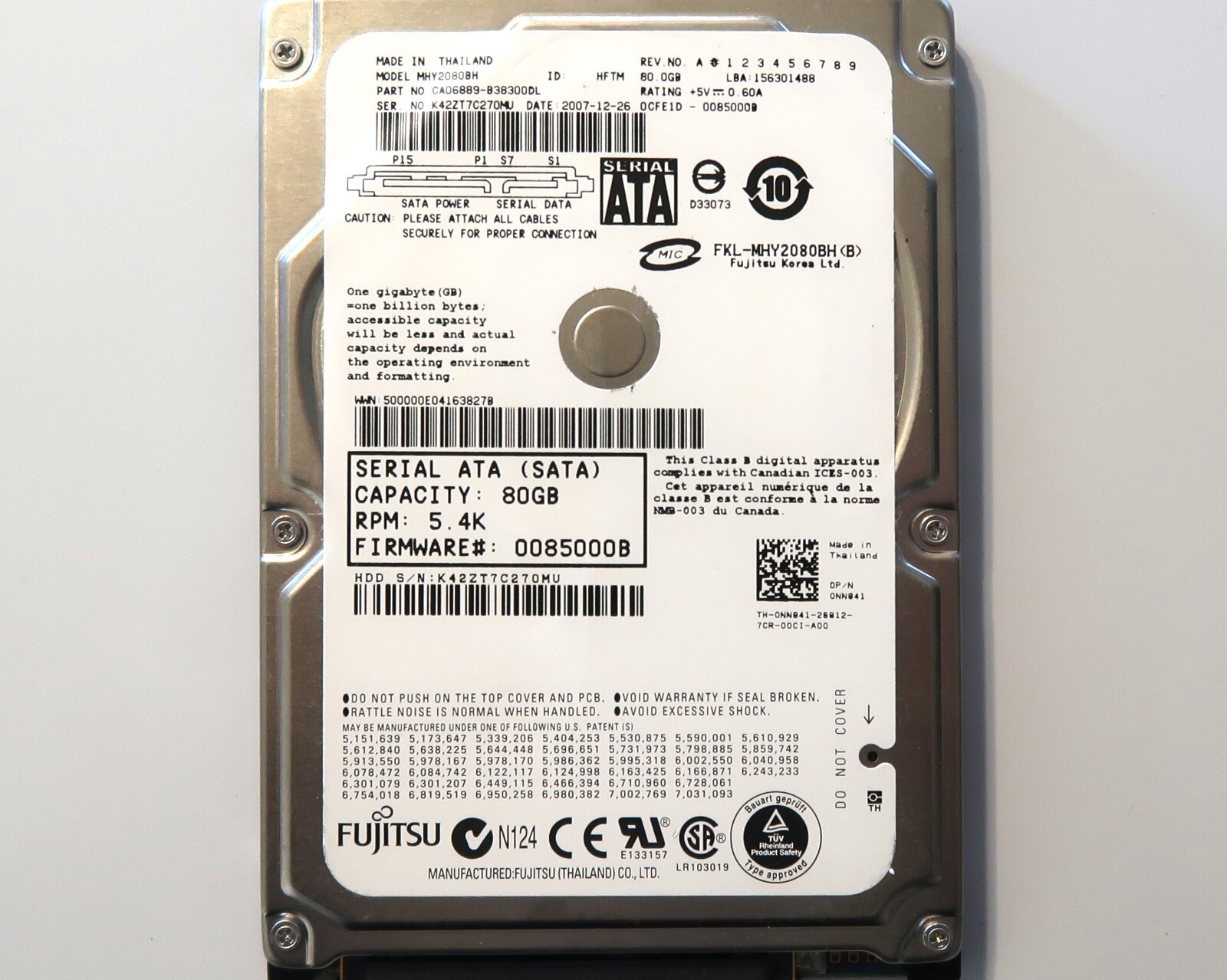 Fujitsu MHY2080BH CA06889-B38300DL 0CFE1D-0085000B Thailand 80gb Sata 2007-12-26