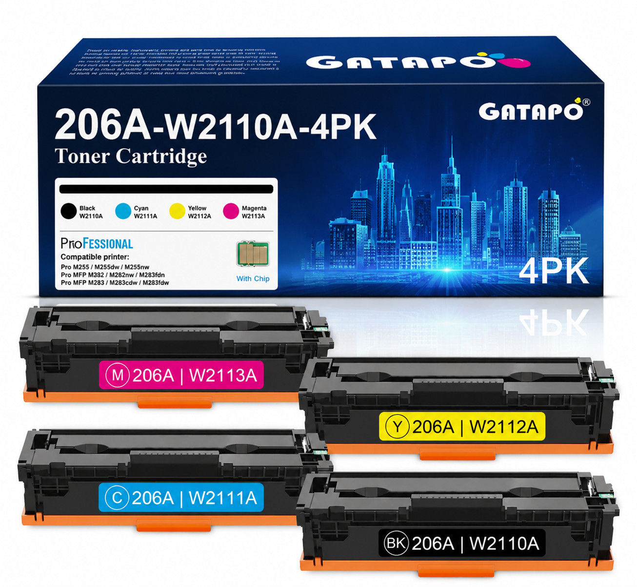206A 4-Pack Toner Cartridges with Chip for HP M255 M283fdw M283cdw MFP Printer