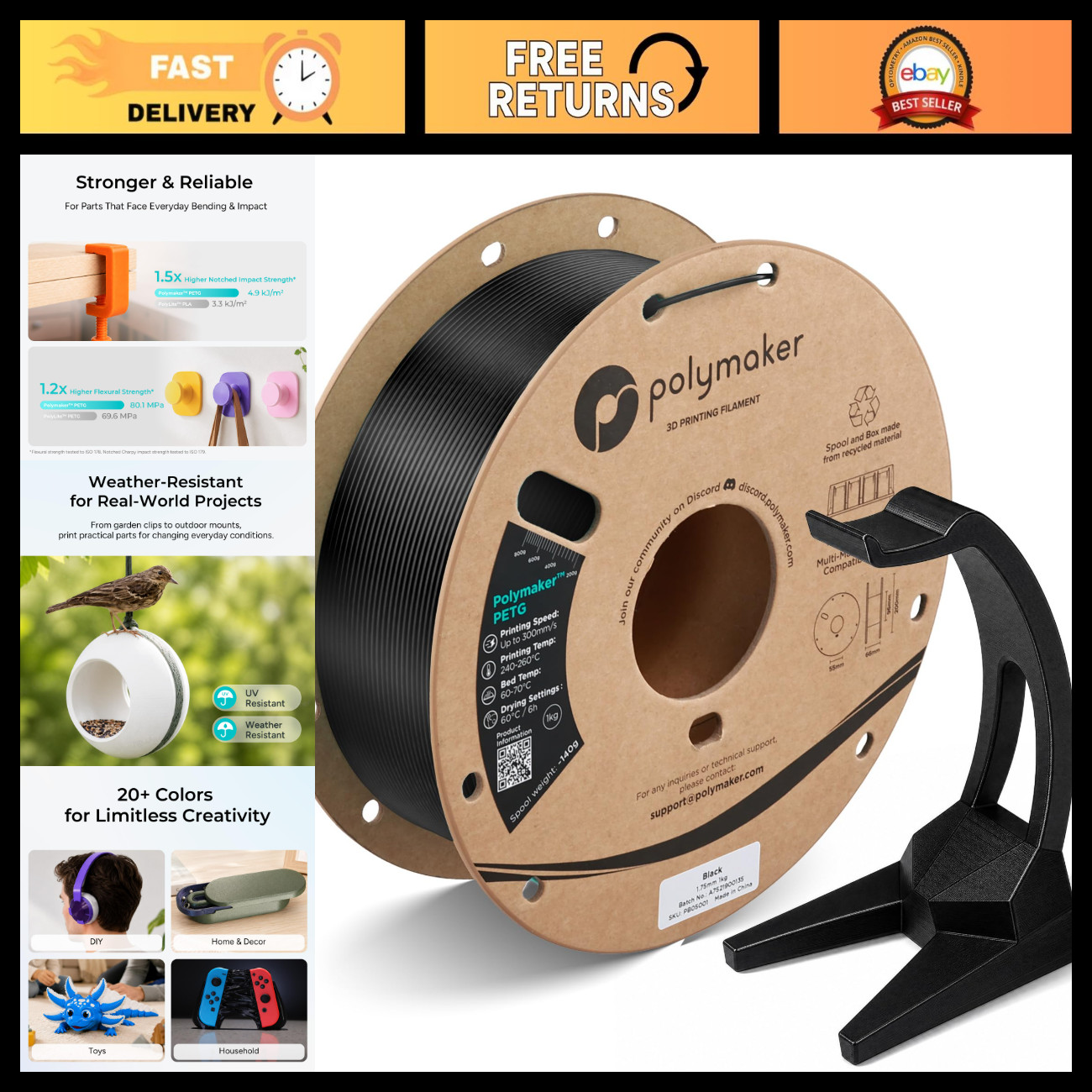 High-Quality 1.75mm PETG Filament 1KG - Black, Strong & Durable 3D Printing Mate
