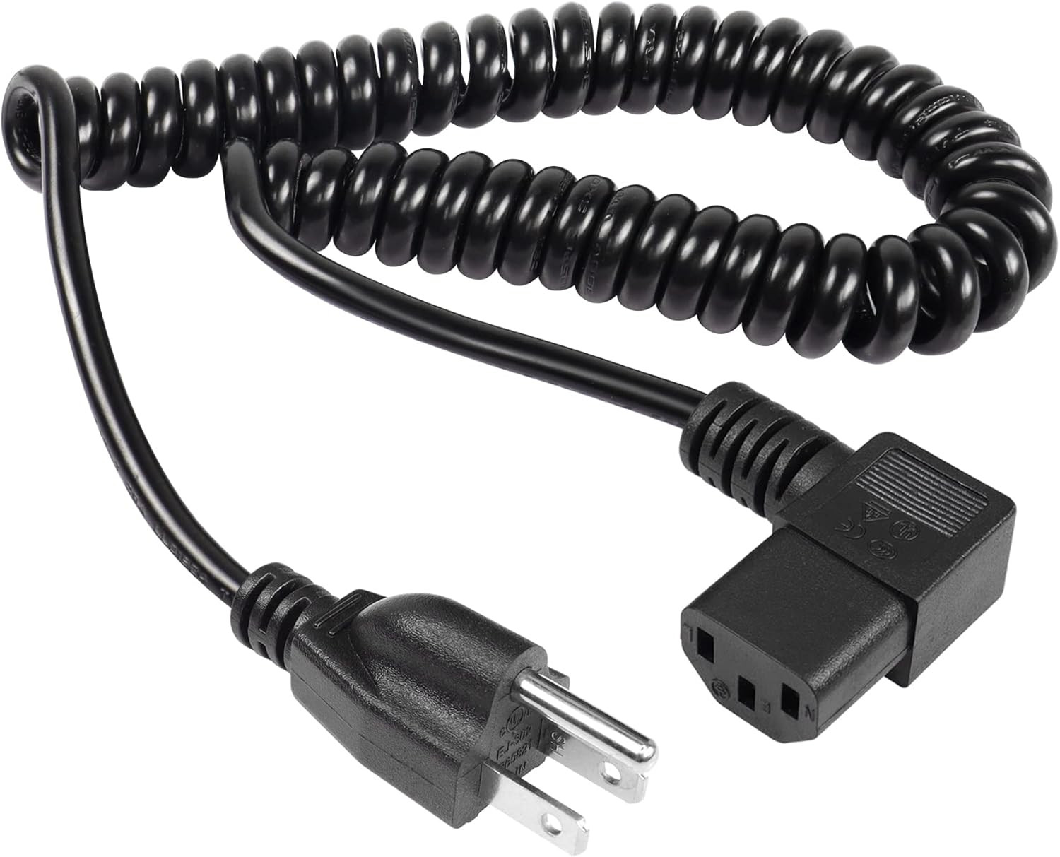 Right Angle 3 Prong Power Coiled Cord,90 Degree 18AWG NEMA 5-15P to IEC 320 C13