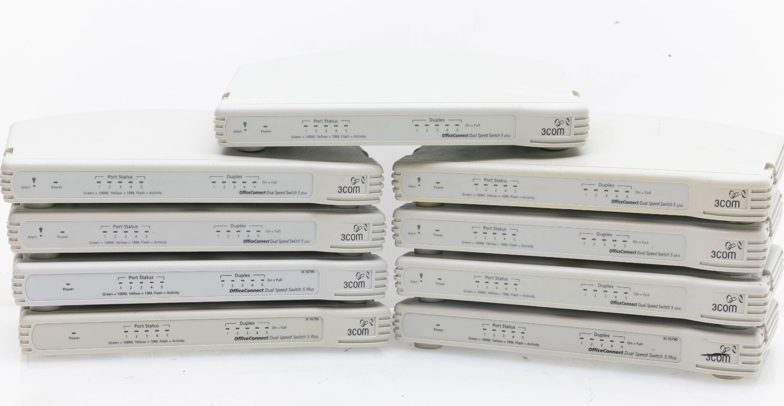 [Lot of 9] 3Com OfficeConnect 5 Port Dual Speed Switch, 5 Power Supplies 3C16790