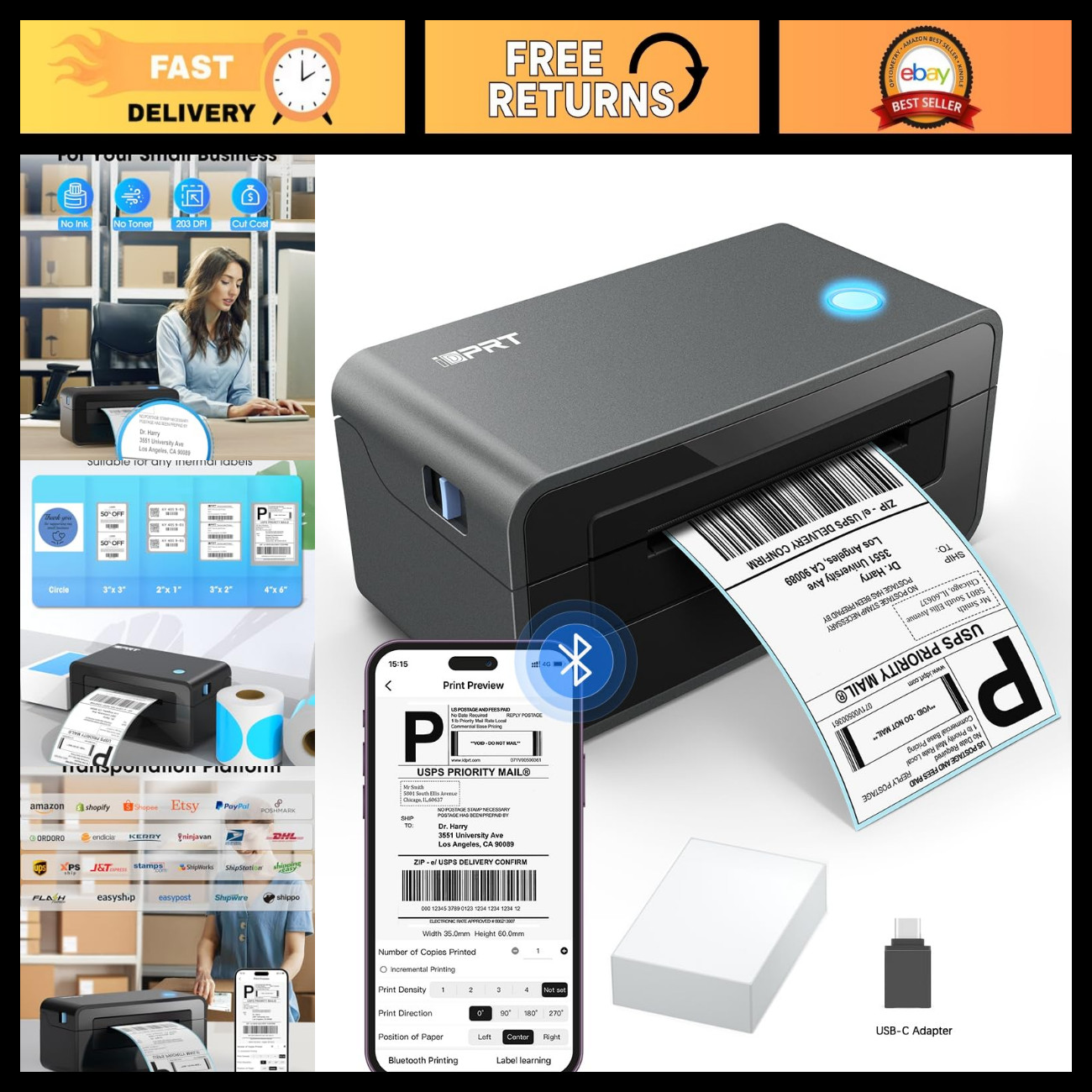 4x6 Thermal Shipping Label Printer for Small Business, High-Speed, Easy Setup