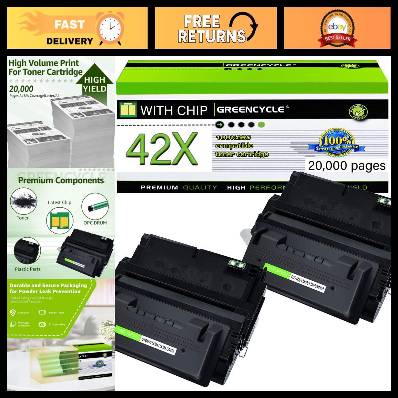 42X Black Toner Cartridge Compatible for HP 4250 4350 - High Yield 2 Pack