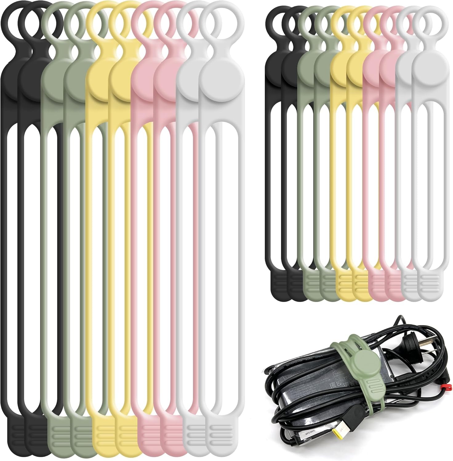 Nearockle 20PCS Silicone Cable Ties Reusable Cord Organizer 5 Colors Home Office
