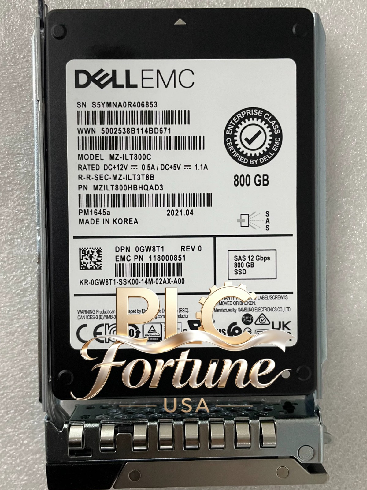 DELL 0GW8T1 GW8T1 MZ-ILT800C MZILT800HBHQAD3 PM1645a 800GB SAS 2.5" SSD W/Tray