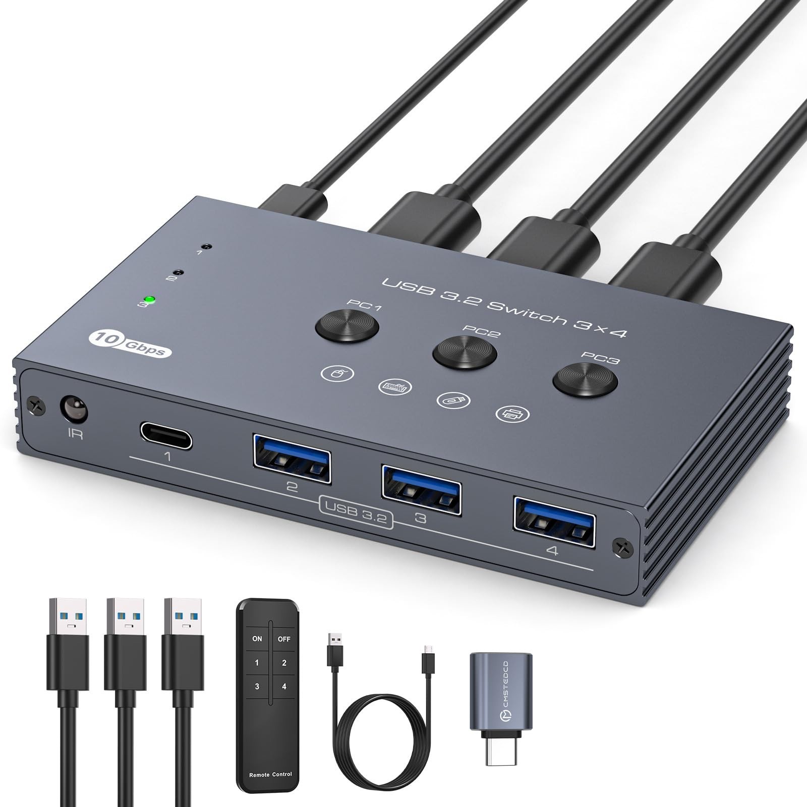 USB 3.2 Switch 3 Computers 4 Ports 10Gbps IR Remote Included