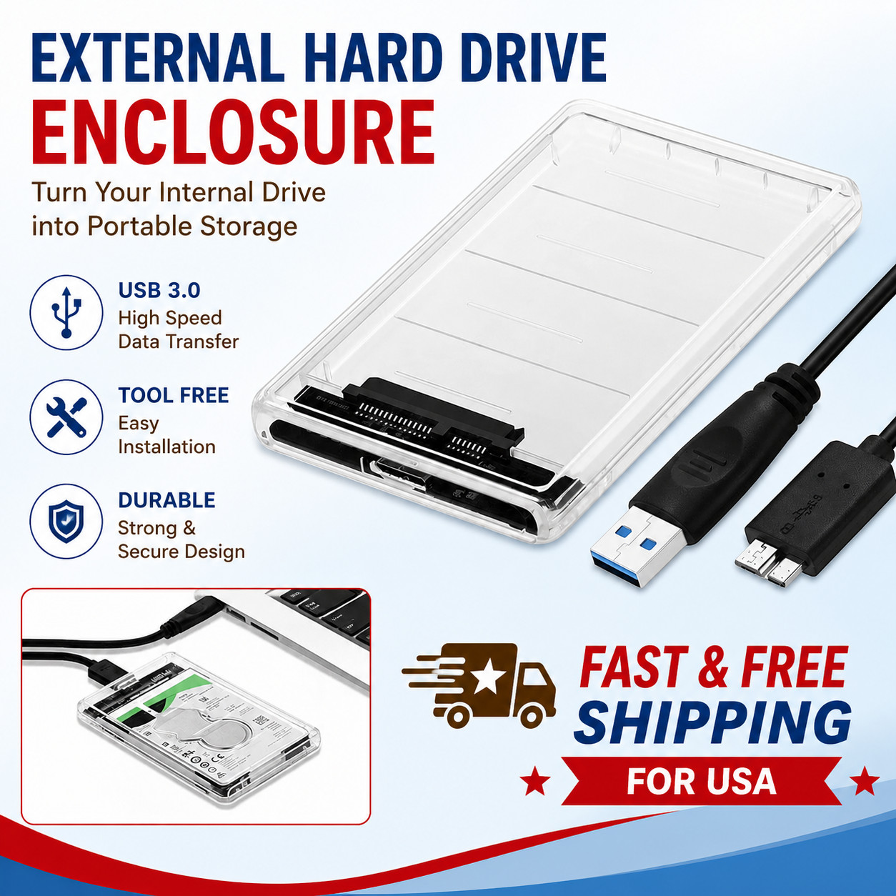2.5" SATA USB 3.0 Clear Hard Drive Disk HDD SSD Enclosure External Laptop Case