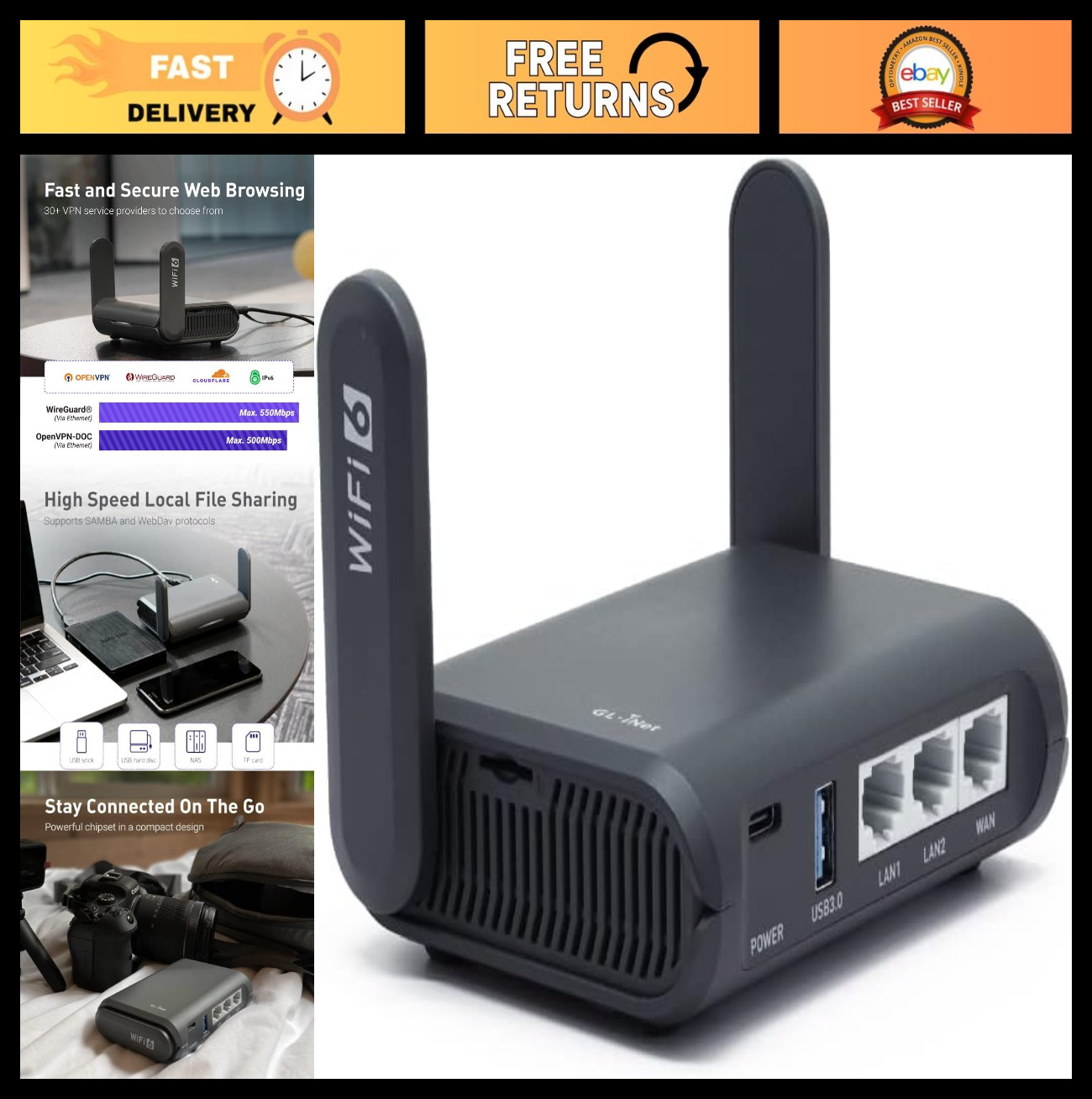 Portable Wi-Fi 6 Travel Router, VPN Pocket Router for Business & RV, Cruise, Pla