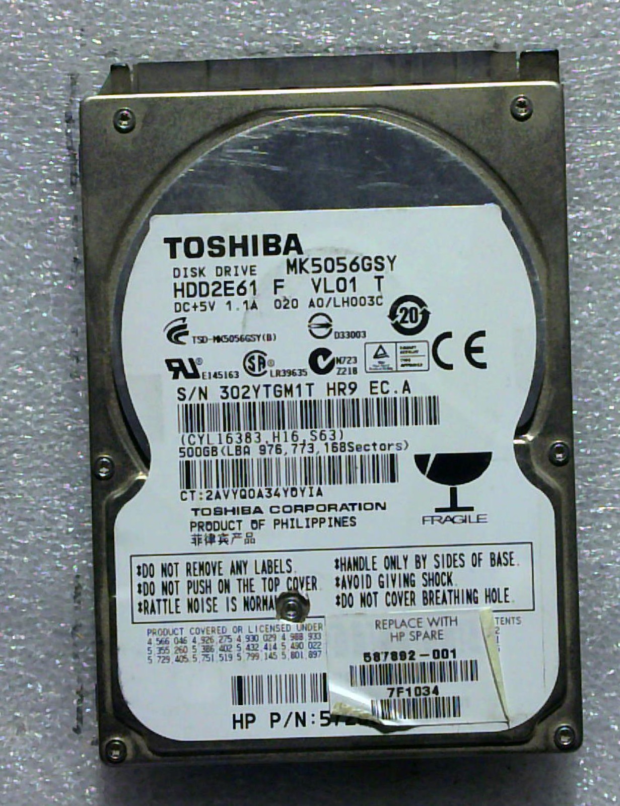 Toshiba - MK5056GSY - 500GB - HDD2E61 F VL01 T - SN: 302YTGM1T