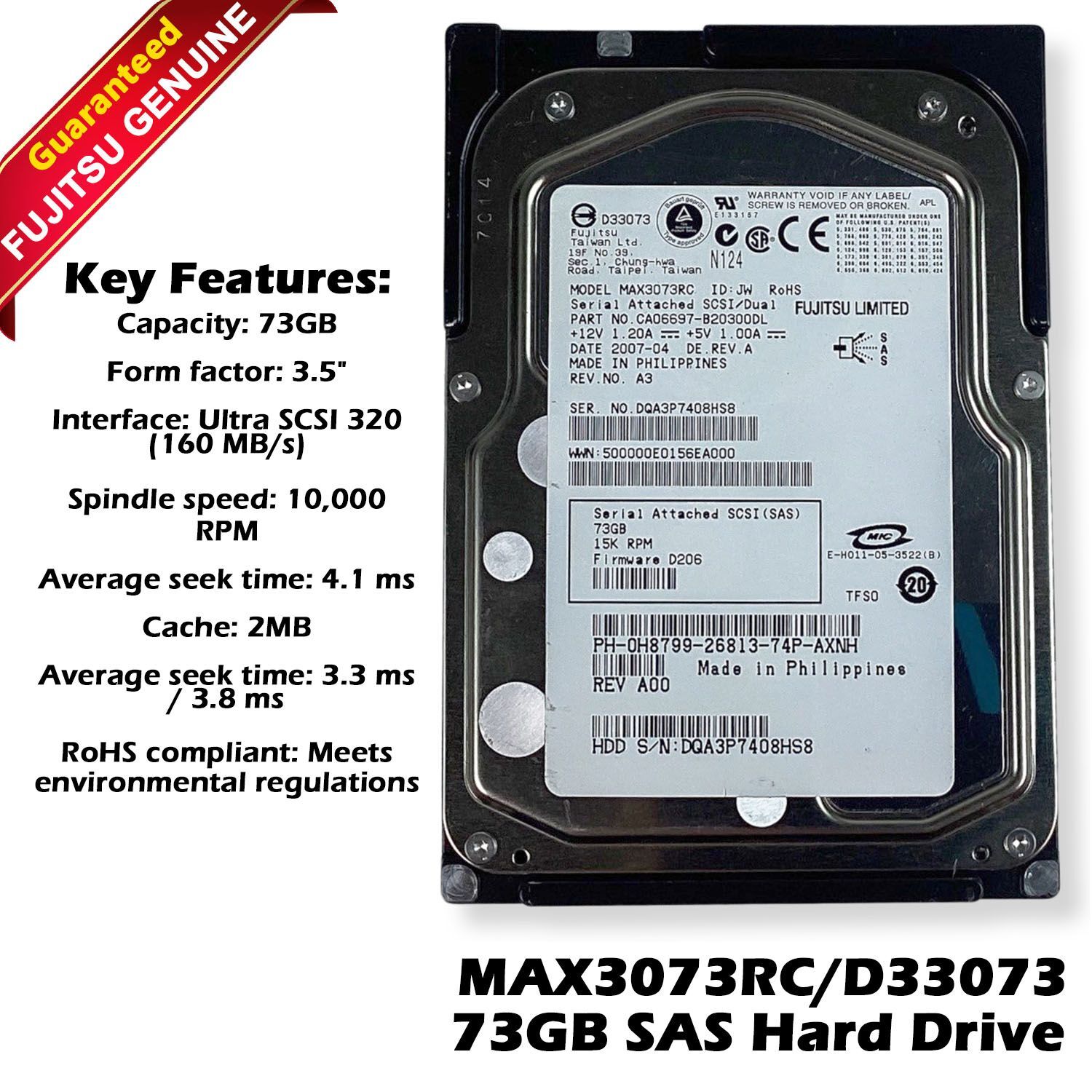 Dell PowerEdge 1950 2950 2900 73Gb 3.5" SAS 15k hot plug hard drive H8799