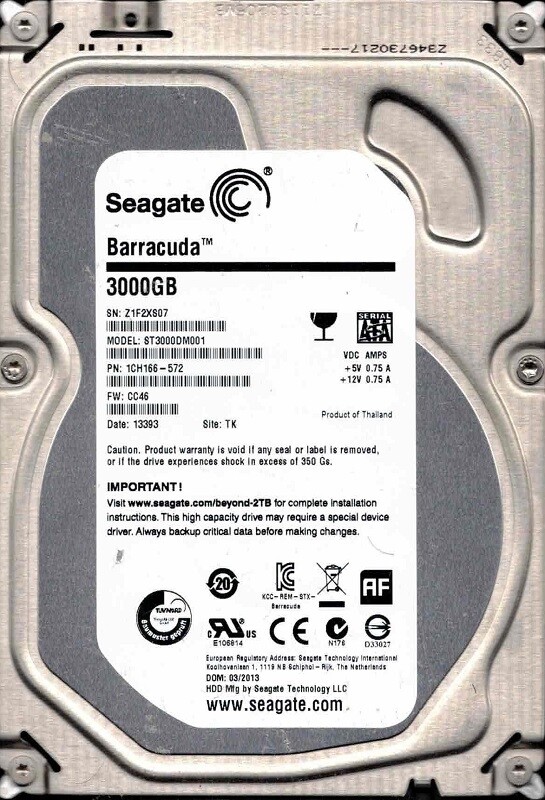 ST3000DM001 F/W: CC46 P/N: 1CH166-572 TK Z1F 03/2013 Seagate 3TB