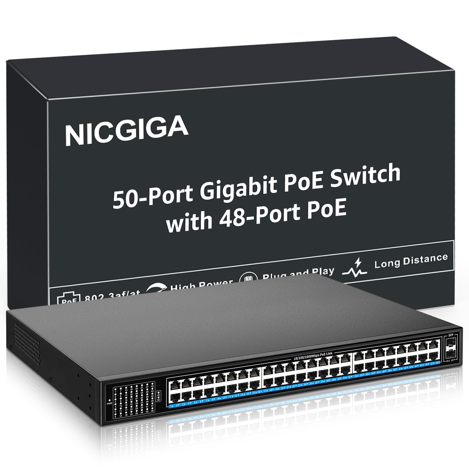 48 Port Gigabit PoE Switch Unmanaged with 48 Port IEEE802.3af/at PoE+@400W, 2...