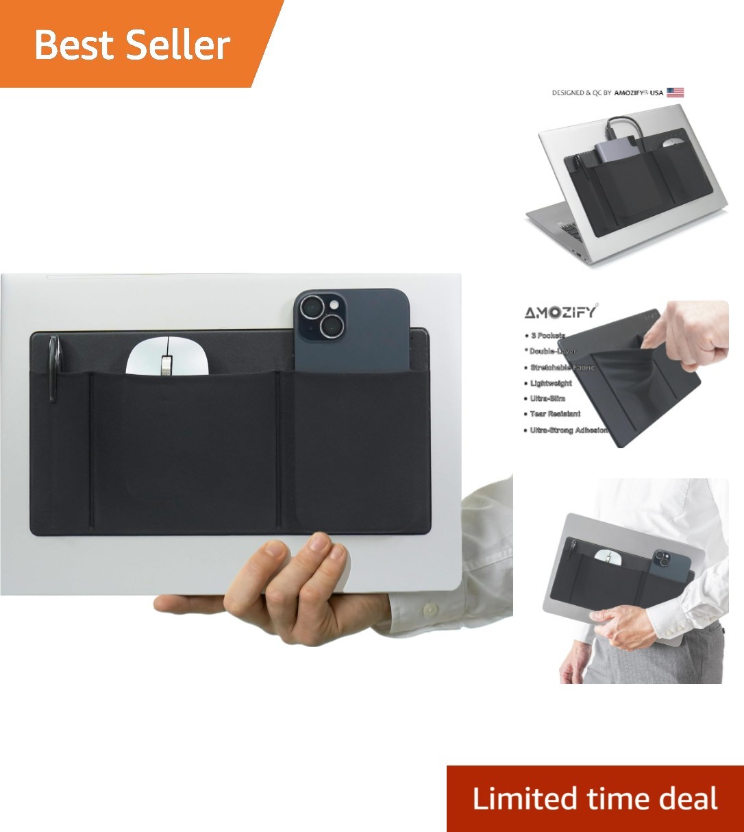 3-Pocket Organizer, Mouse Holder for Laptop Stick On, Adhesive Pouch & Extern...
