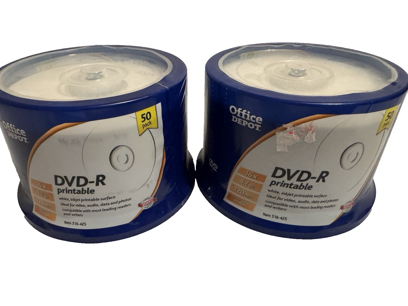 Lot Of 2- Spindles of 50- Office Depot Printable DVD-R 16X 4.7GB 120 min 516-425