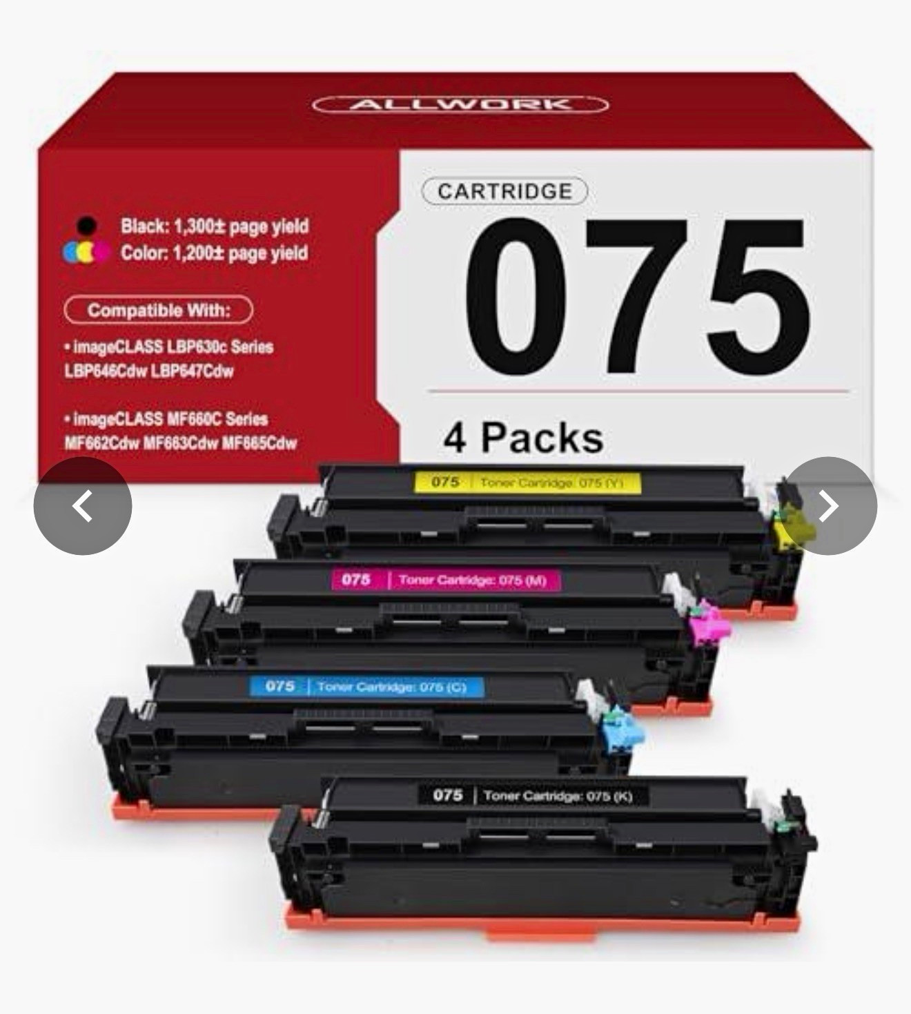 ALLWORK 075 Compatible KCMY 4-Pack Laser Toner for Canon LBP640C MF660C