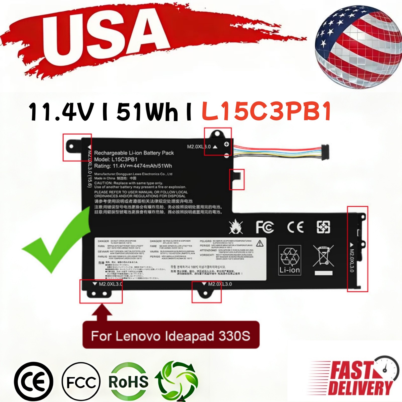 ✅L15C3PB1 L15L3PB0 Battery For Lenovo IdeaPad 320S-15IKB Flex 4-1470 51wh