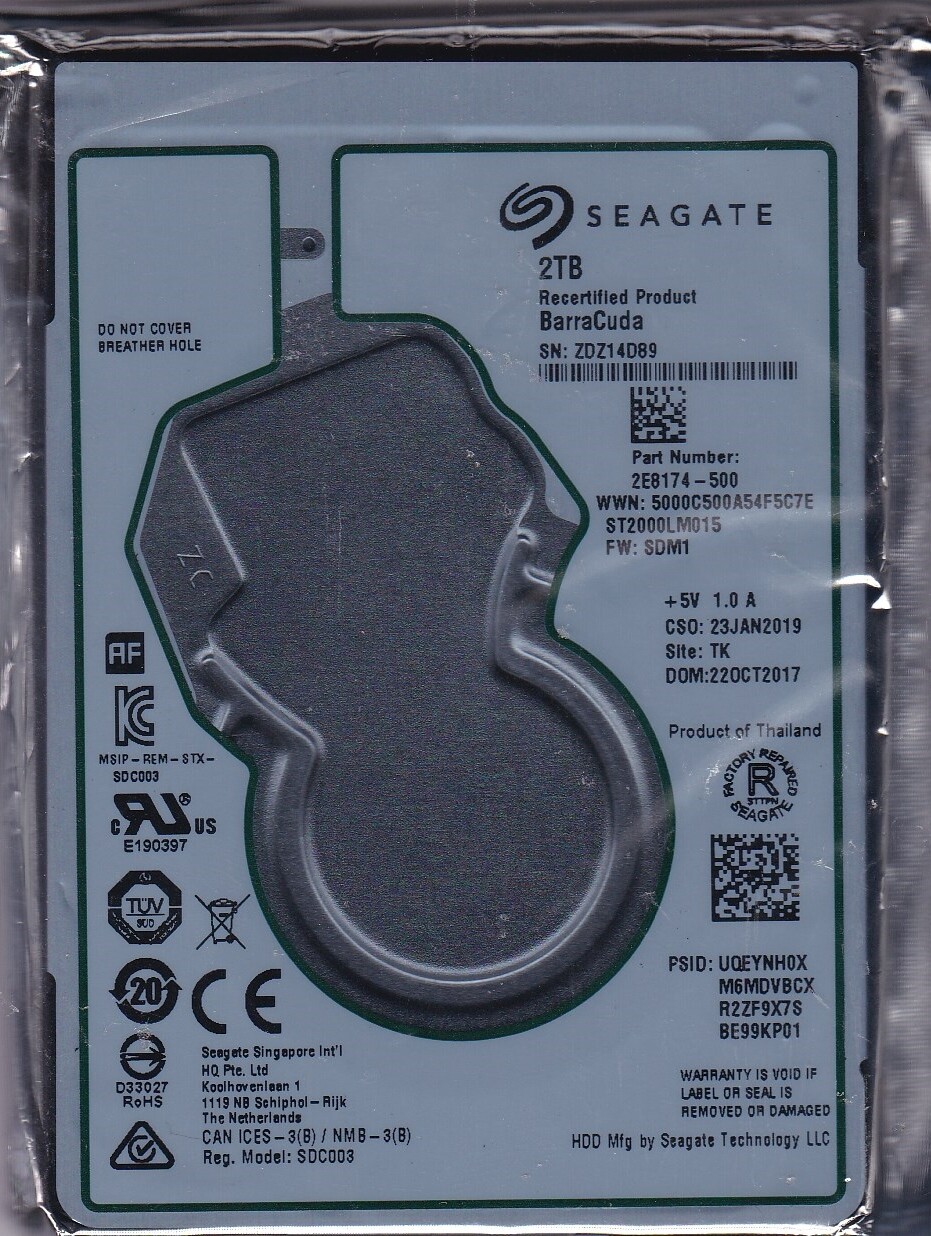 ST2000LM015 pn: 2E8174-500 sn: ZDZ fw: SDM1 TK 2TB OCT/2017 SATA 2.5" SEAGATE