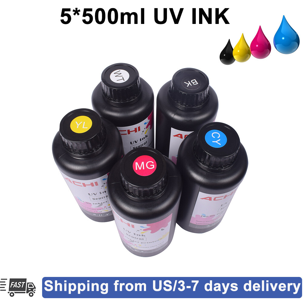 ACHI 5*500ML UV INK Refill For UV Printer 5 Colors CMYK WH Neutral Ink US Ship