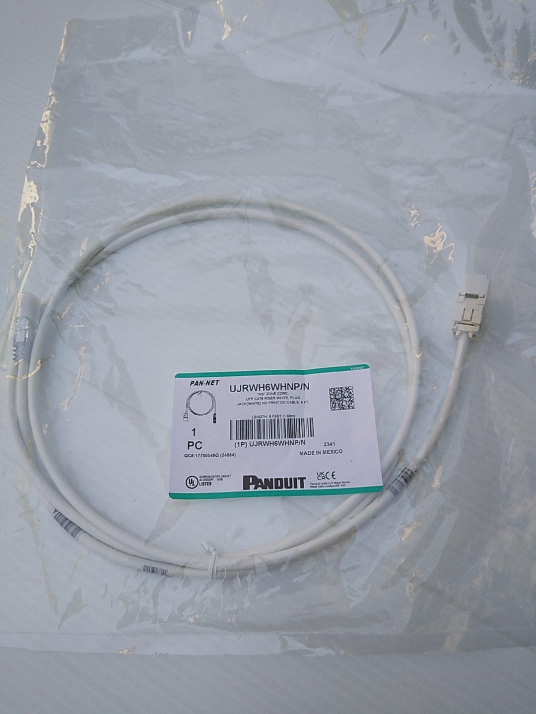LOT OF 2 PANDUIT UTP CAT6 RISER WHITE PLUG JACK UJRWH6WHNP/N 6 FEET