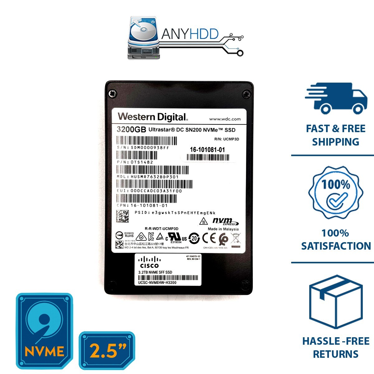 Cisco Western Digital 3.2TB u.2 NVMe SSD – HUSMR7632BDP301 - 0TS1482 -  DC SN200