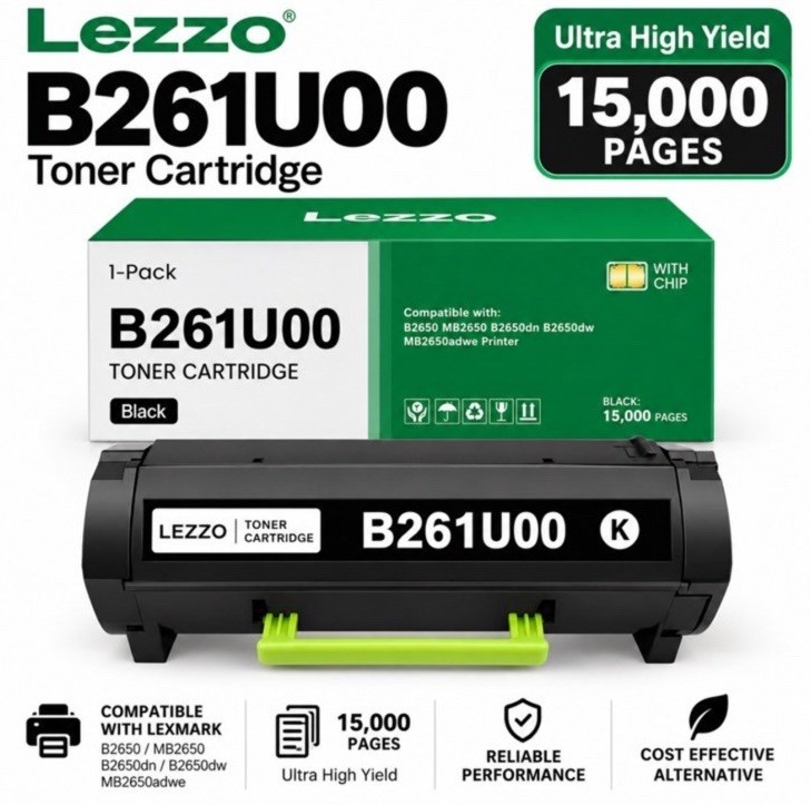 Lezzo B261U00 Black Toner w/ Chip for Lexmark B2650 MB2650 15K Yield