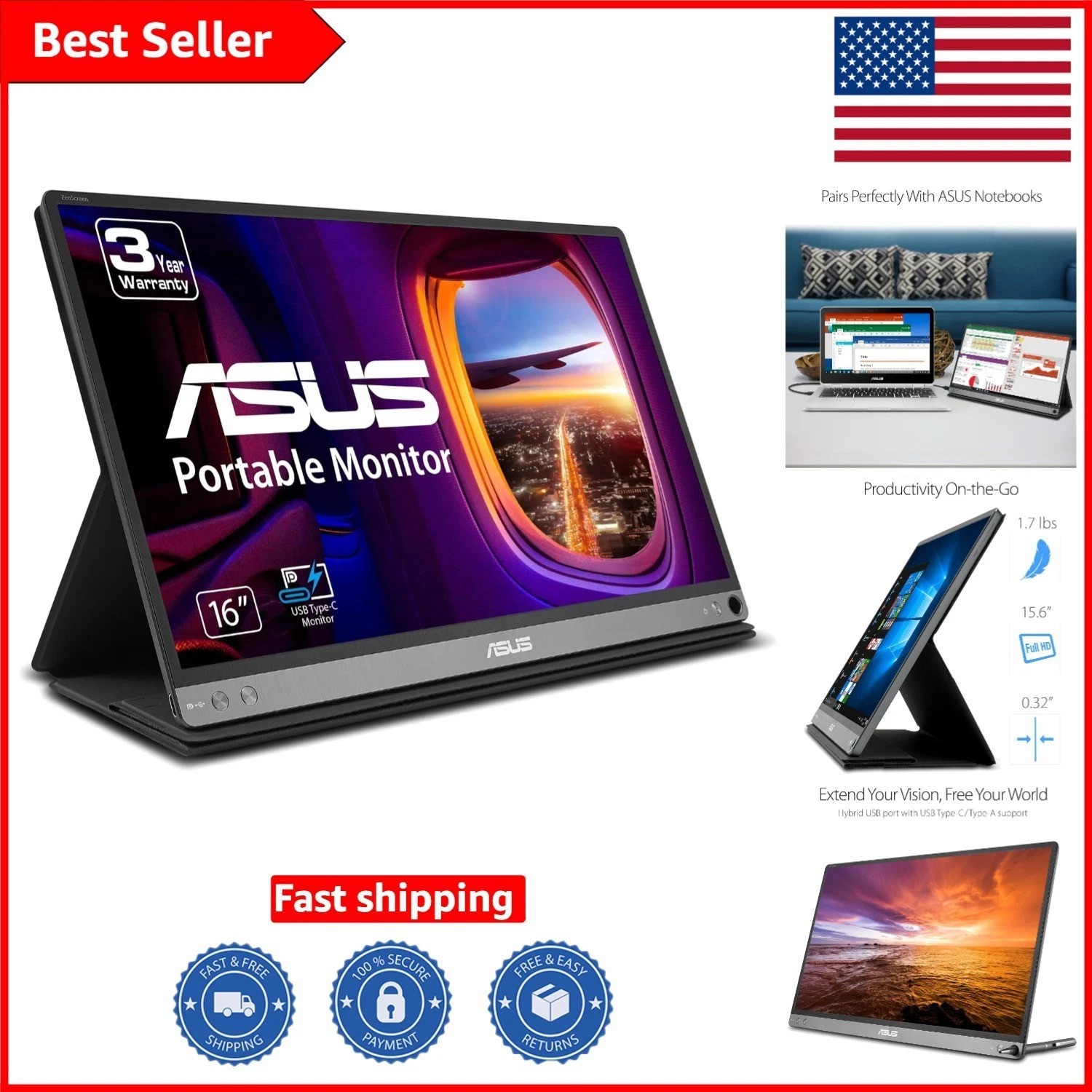 Ultra-Portable 15.6" IPS USB-C Monitor - Stunning Full HD & Smart Cover Included