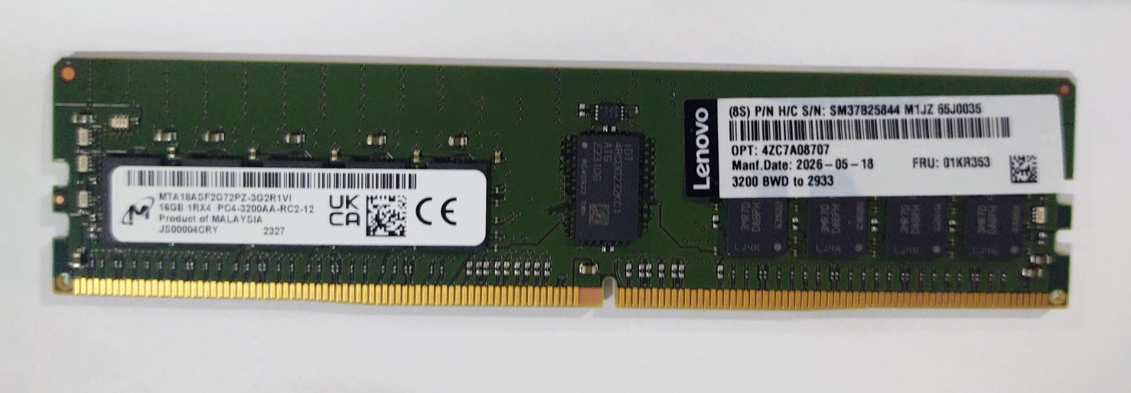4ZC7A08707 Micron 16GB 1RX4 PC4-3200AA-R (3200MHz) ECC MEM MTA18ASF2G72PZ-3G2R1