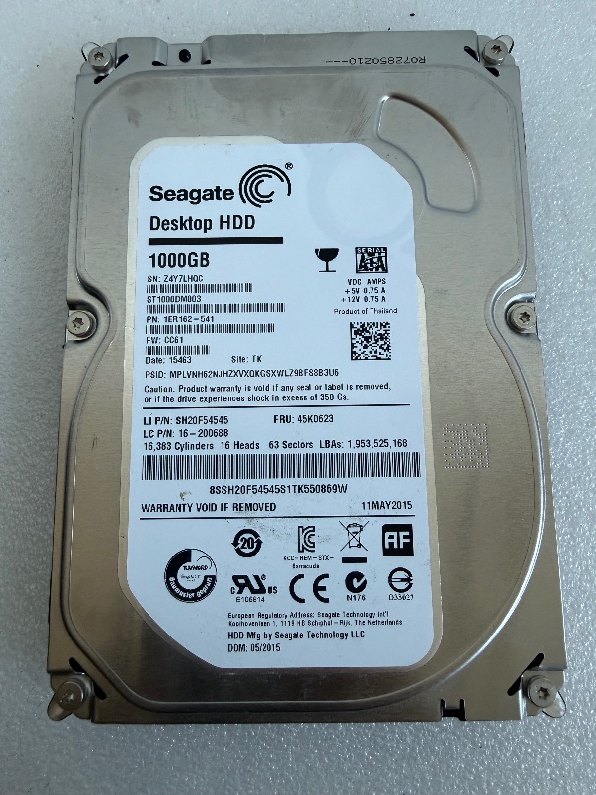 Seagate 1TB 3.5" SATA Hard Drive ST1000DM003 PN 1ER162-541 7200RPM