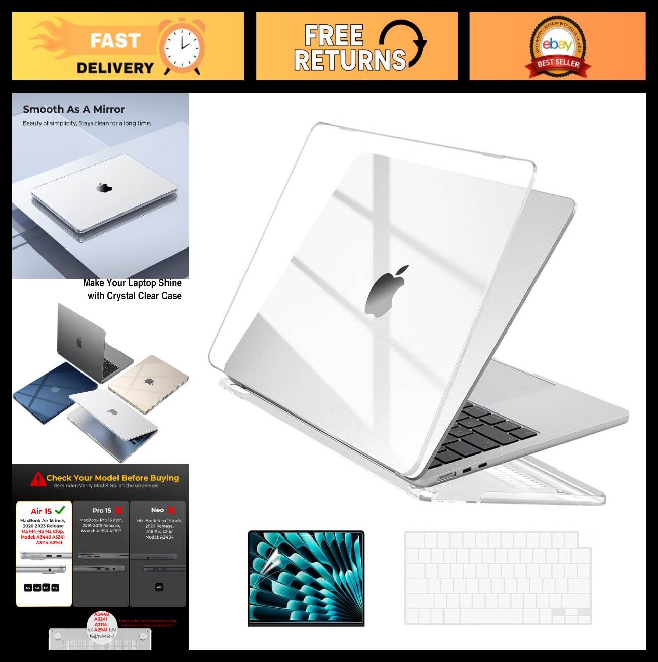 Crystal Clear Case for MacBook Air 15" (2023-2026) - Slim, Durable, Lightweight