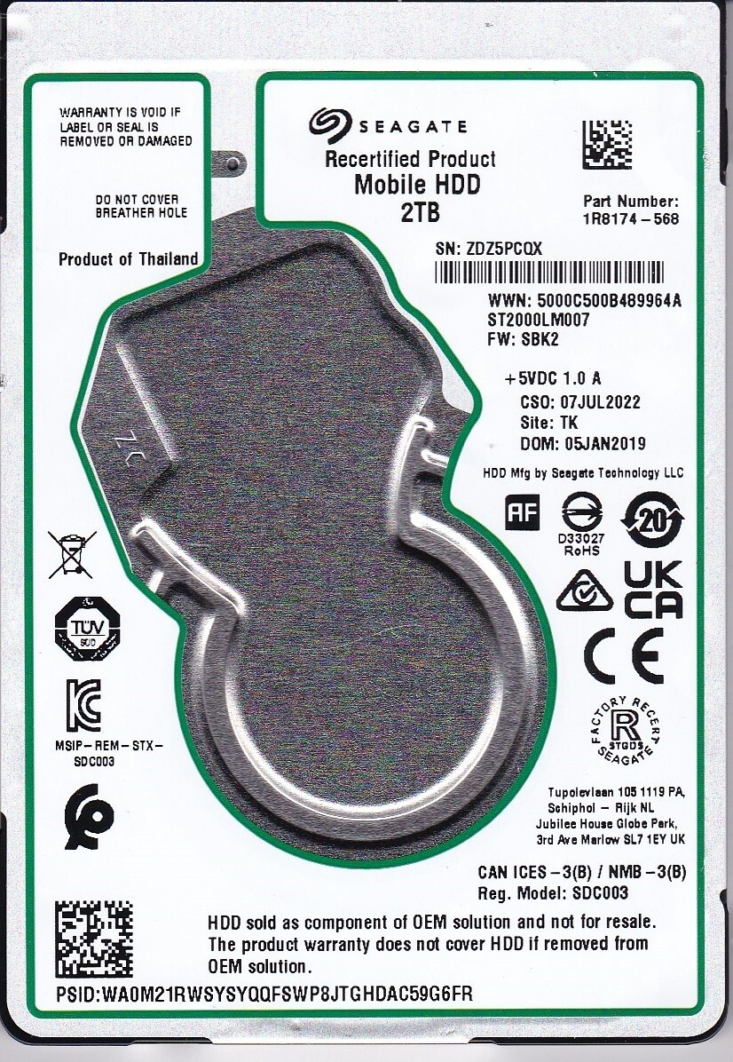 ST2000LM007 p/n: 1R8174-568 s/n: ZDZ f/w: SBK2 TK JAN/2019 2TB SATA 2.5" SEAGATE