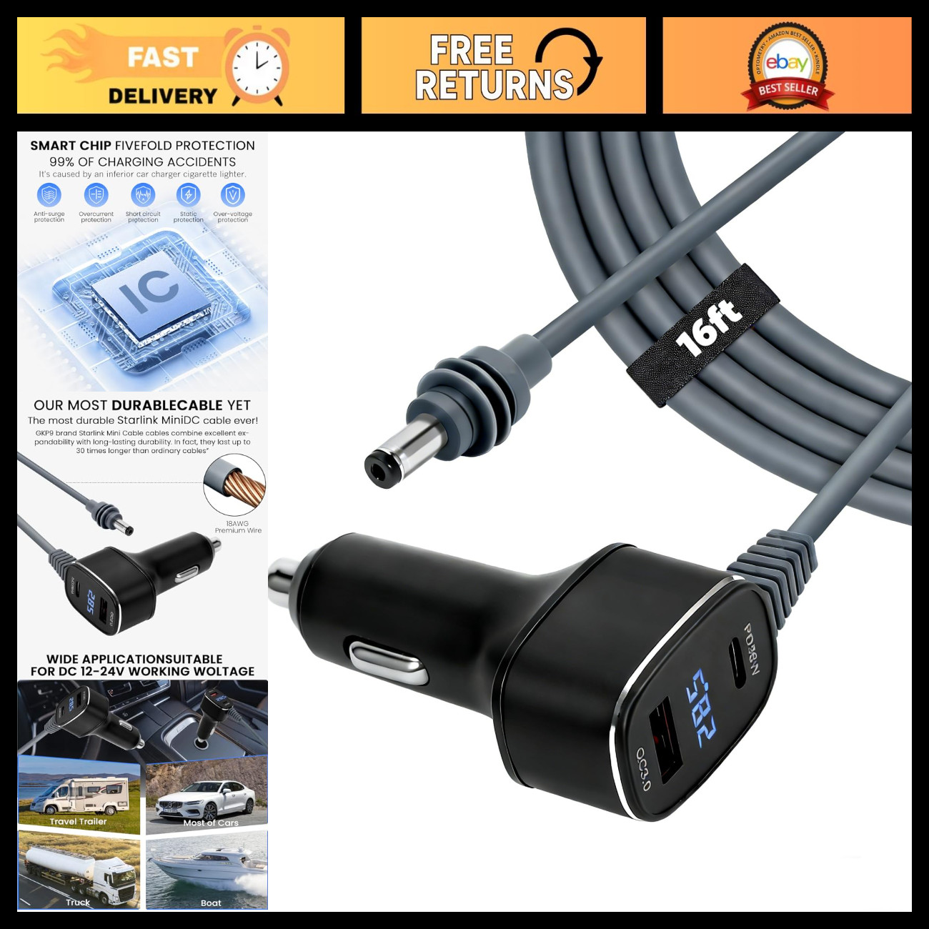 3-in-1 Mini Car Adapter & Power Cable 12V-24V with Digital Display, Waterproof 1
