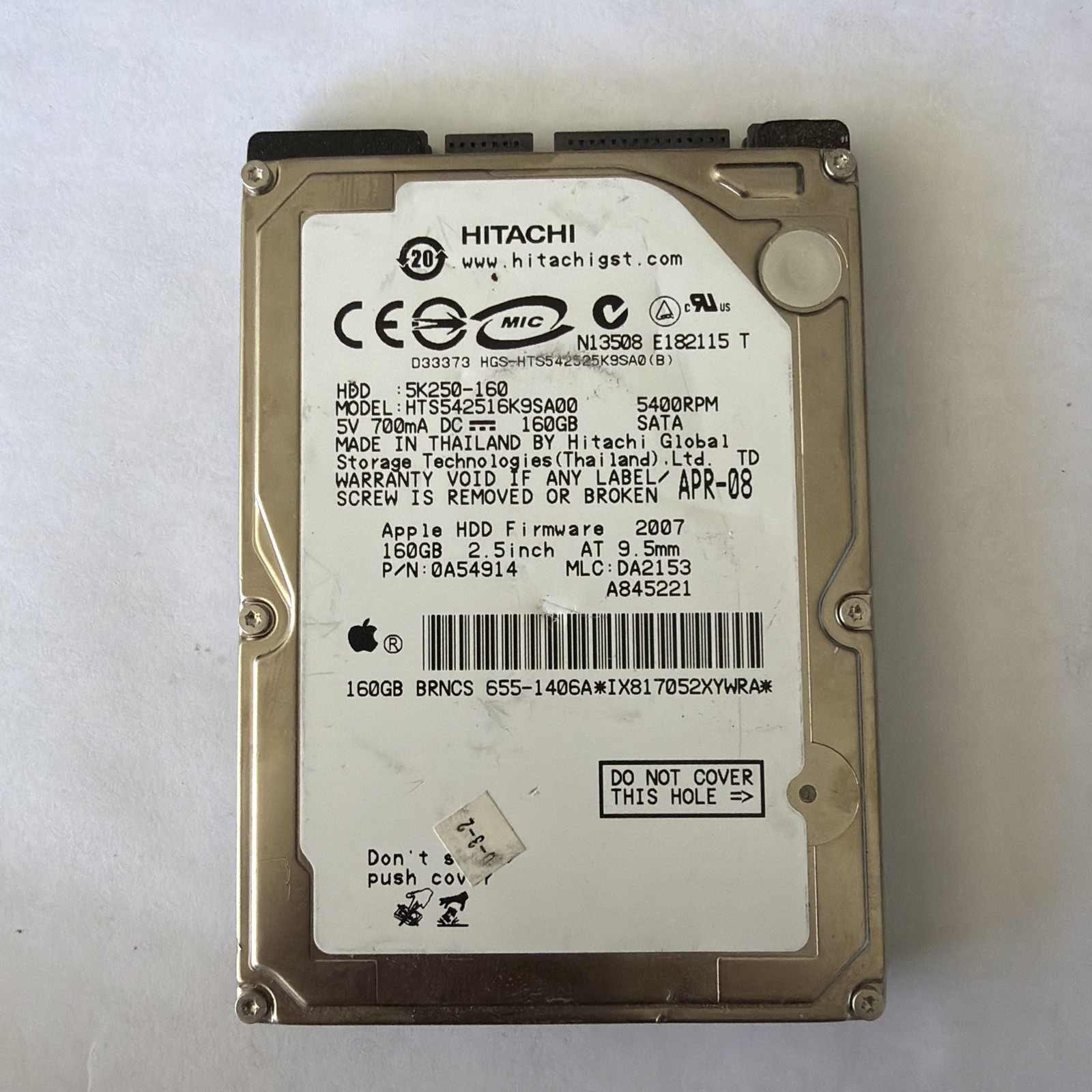 160GB HDD SATA Hitachi HTS542516K9SA00 | TESTED | GRADE A | APPLE P/N: 0A54914