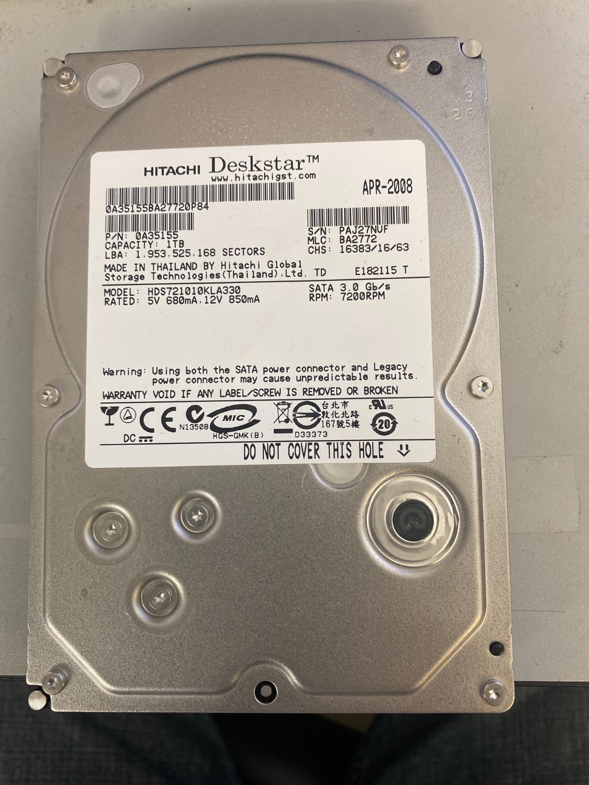 Hitachi HDS721010KLA330 0A35155 BA2772 16383/16/63 1.0TB Sata APR-2008