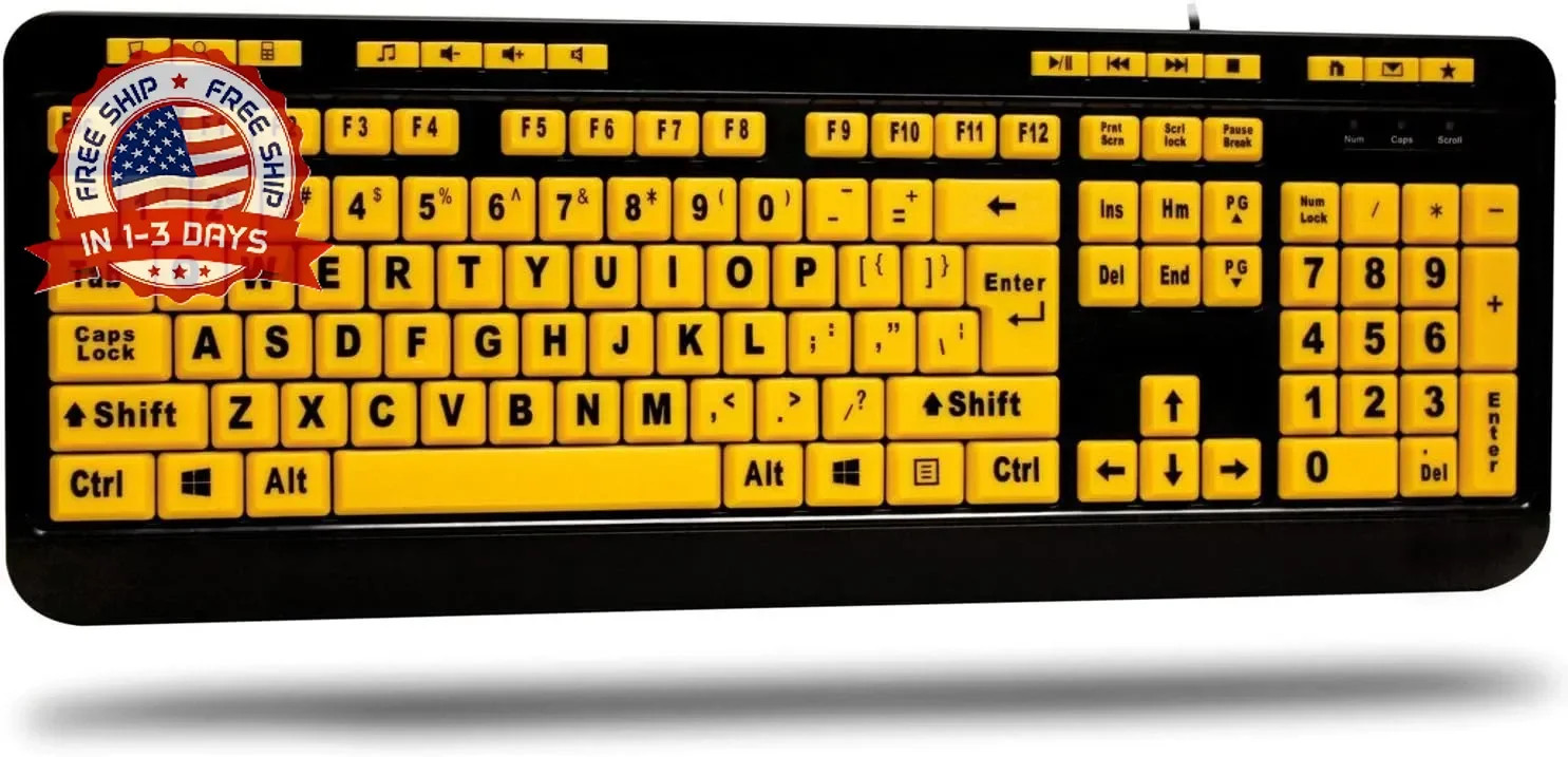 Adesso AKB-132UY - Luminous 4 X Large Print Multimedia Desktop USB Keyboard, Bla