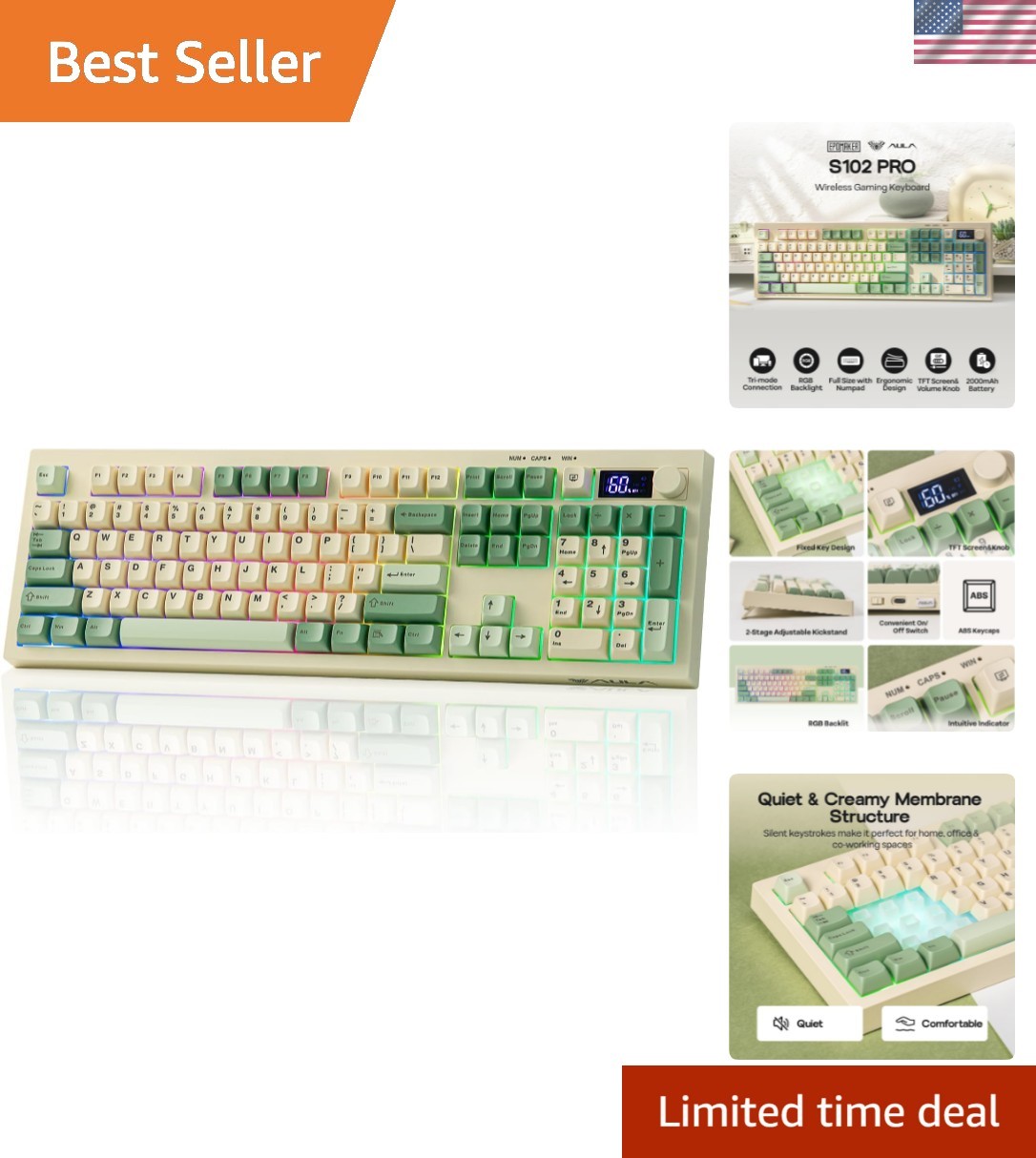 Aula S102 PRO: Sleek Wireless Keyboard with Adjustable Kick-stand & RGB Lights