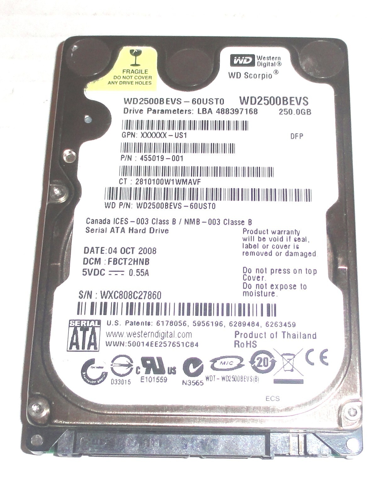 Western Digital WD2500BEVS-60UST0 250GB Sata Hard Drive DCM: FBCT2HNB