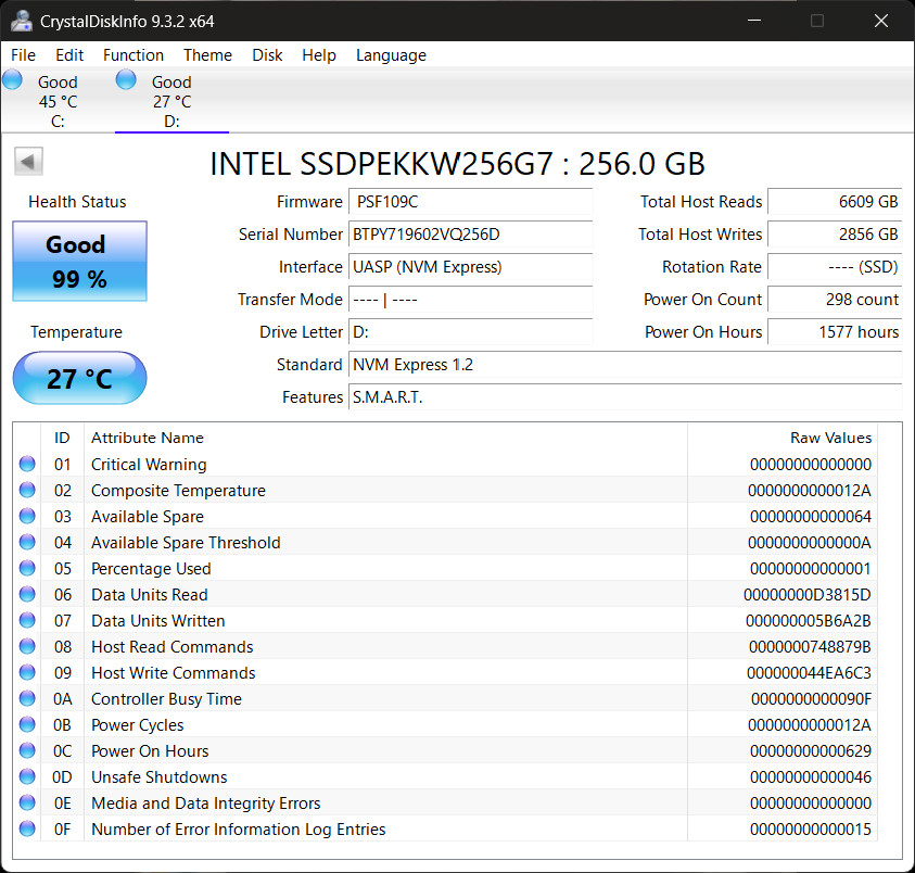 Intel SSD 600p Series SSDPEKKW256G7 256GB, M.2 80mm PCIe NVMe 3.0 x4, 3D1, TLC