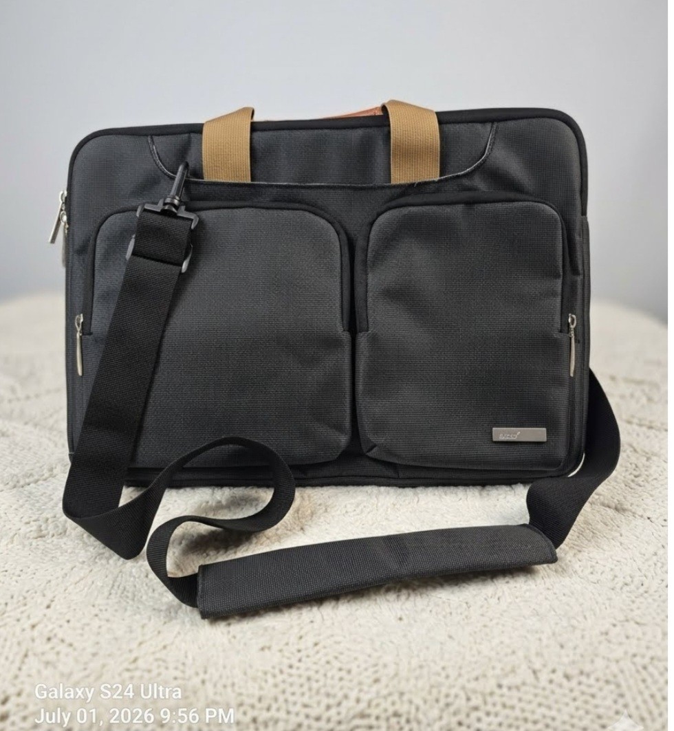 Lacdo padded nylon 14 in laptop shoulder/messenger bag, black/gray/brown