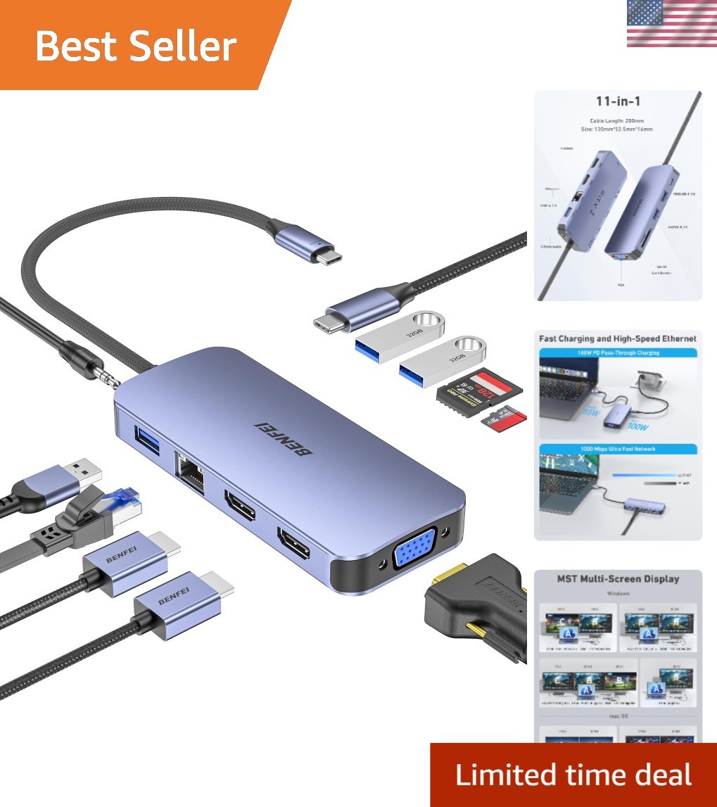 Stylish 11-in-1 USB C Docking Station with Dual HDMI, VGA & 18-
