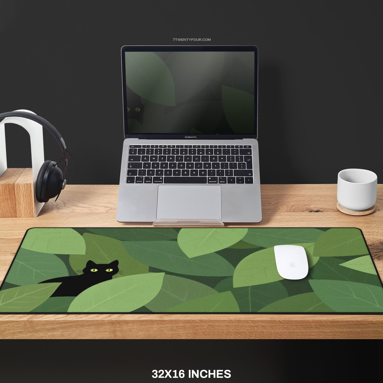 Cute Cat Mousepad | Black Kitten in Green Leaves Botanical Theme Large Desk Mat