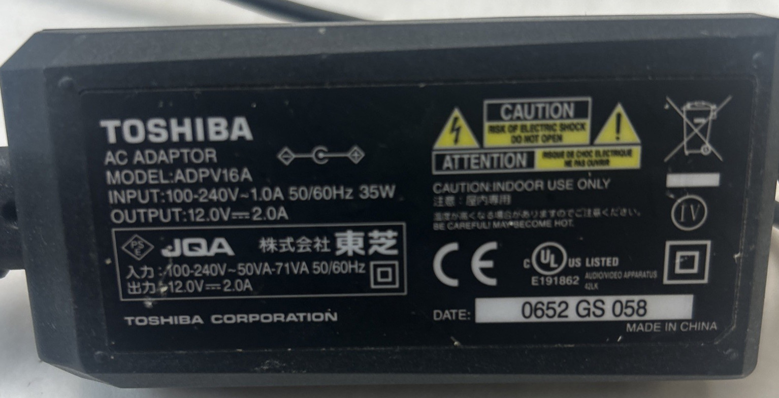 Genuine Toshiba ADPV16A AC Power Adapter 12V 2A 35W OEM Replacement Charger