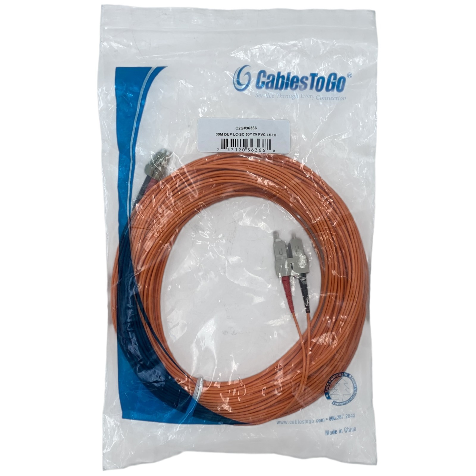 C2G 30m LC-SC 50/125 OM2 Duplex Multimode PVC Fibre Optic Cable (LSZH) - Orange