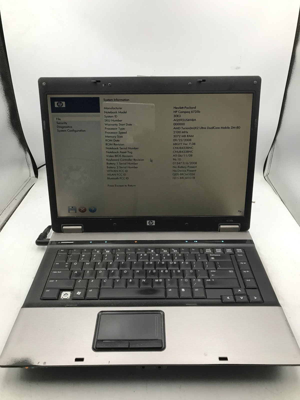 HP COMPAQ 6735B - BOOTS TO BIOS - AMD TURION X2 - 3GB RAM - 15" - READ DESC - BB